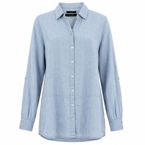 Tahari Womens Shirt Dress M 100% Linen Light Blue Coastal Minimalist Tunic